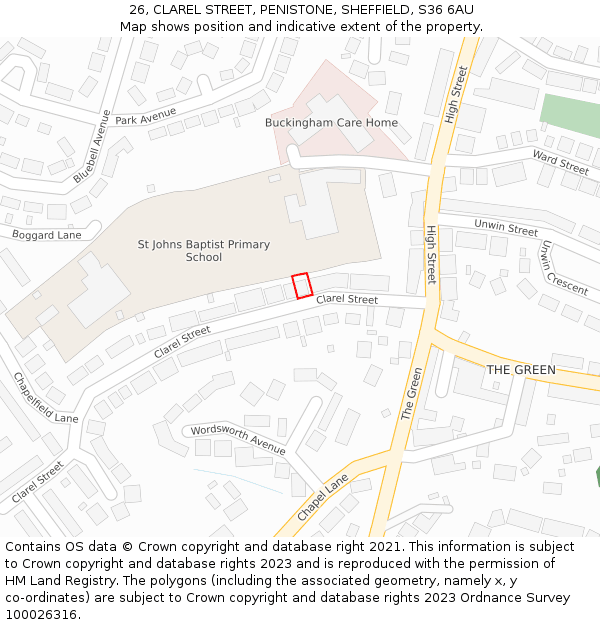 26, CLAREL STREET, PENISTONE, SHEFFIELD, S36 6AU: Location map and indicative extent of plot