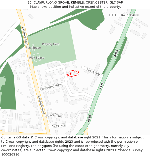 26, CLAYFURLONG GROVE, KEMBLE, CIRENCESTER, GL7 6AP: Location map and indicative extent of plot