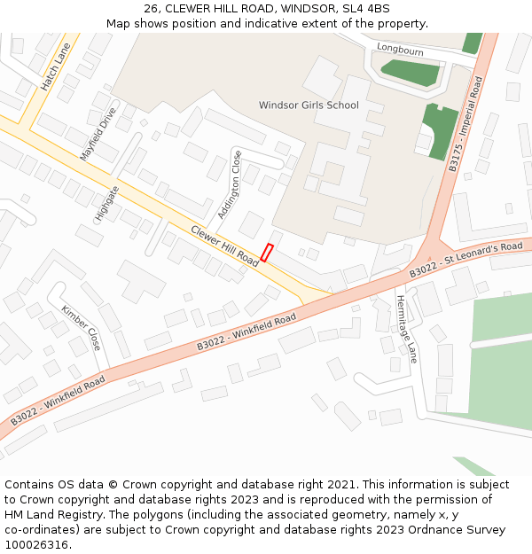 26, CLEWER HILL ROAD, WINDSOR, SL4 4BS: Location map and indicative extent of plot