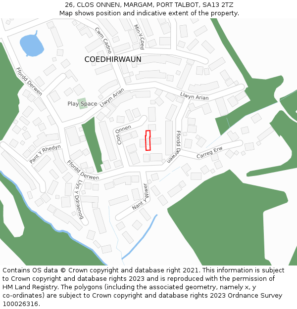 26, CLOS ONNEN, MARGAM, PORT TALBOT, SA13 2TZ: Location map and indicative extent of plot