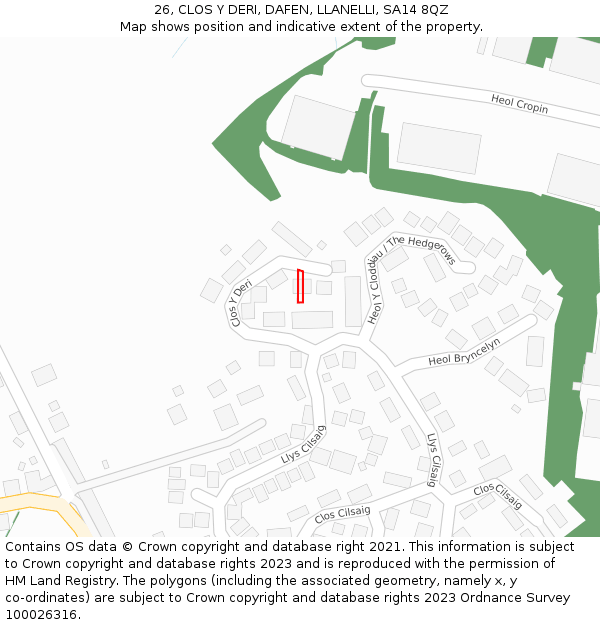 26, CLOS Y DERI, DAFEN, LLANELLI, SA14 8QZ: Location map and indicative extent of plot