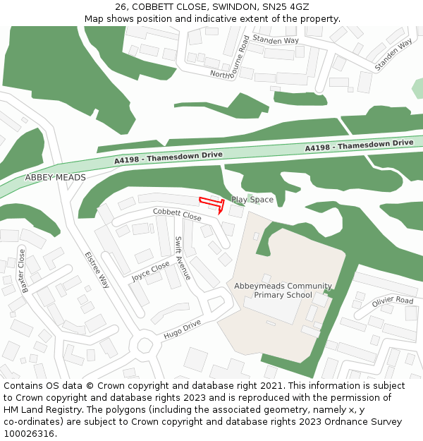 26, COBBETT CLOSE, SWINDON, SN25 4GZ: Location map and indicative extent of plot
