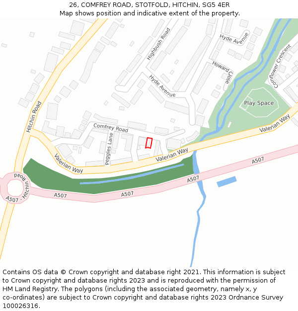 26, COMFREY ROAD, STOTFOLD, HITCHIN, SG5 4ER: Location map and indicative extent of plot