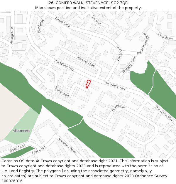 26, CONIFER WALK, STEVENAGE, SG2 7QR: Location map and indicative extent of plot