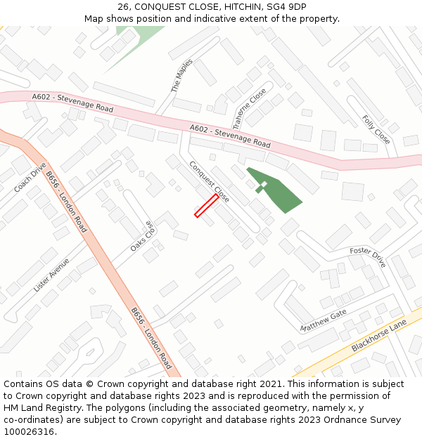 26, CONQUEST CLOSE, HITCHIN, SG4 9DP: Location map and indicative extent of plot