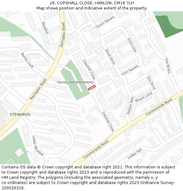 26, COPSHALL CLOSE, HARLOW, CM18 7LH: Location map and indicative extent of plot