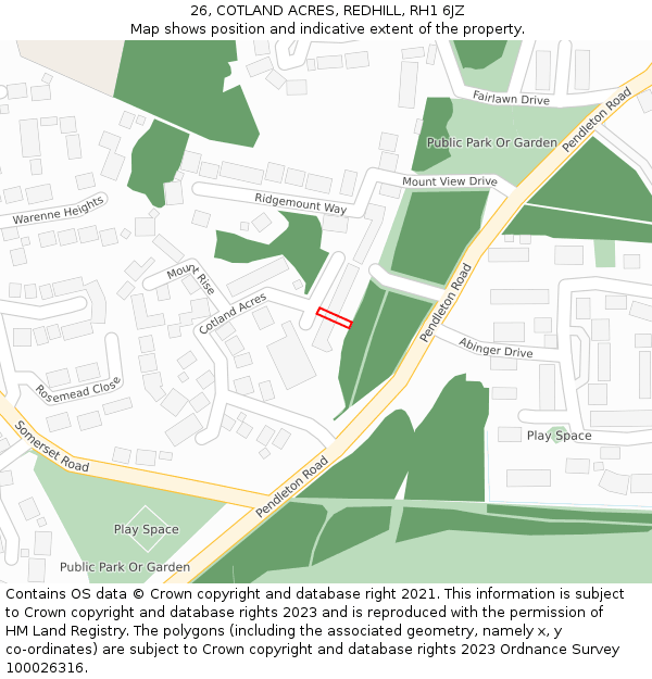 26, COTLAND ACRES, REDHILL, RH1 6JZ: Location map and indicative extent of plot