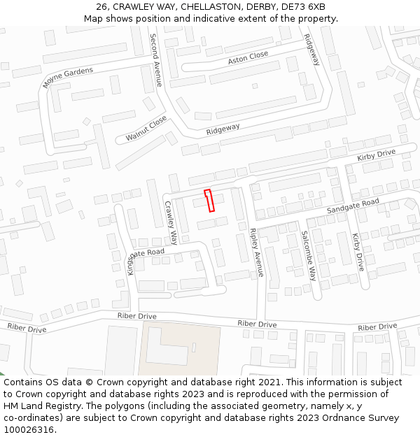 26, CRAWLEY WAY, CHELLASTON, DERBY, DE73 6XB: Location map and indicative extent of plot