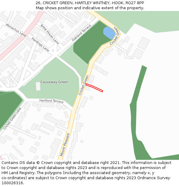 26, CRICKET GREEN, HARTLEY WINTNEY, HOOK, RG27 8PP: Location map and indicative extent of plot