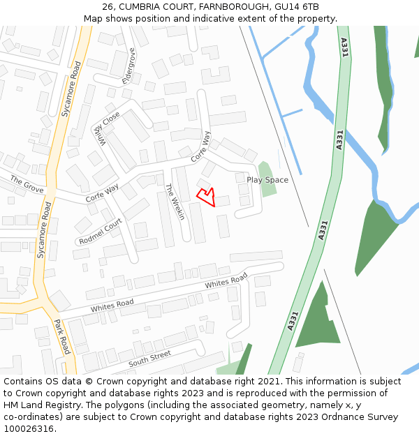 26, CUMBRIA COURT, FARNBOROUGH, GU14 6TB: Location map and indicative extent of plot