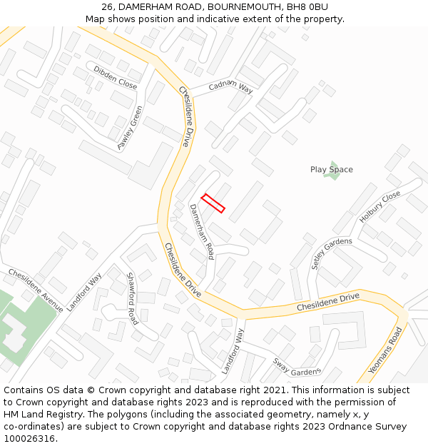 26, DAMERHAM ROAD, BOURNEMOUTH, BH8 0BU: Location map and indicative extent of plot