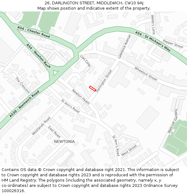26, DARLINGTON STREET, MIDDLEWICH, CW10 9AJ: Location map and indicative extent of plot
