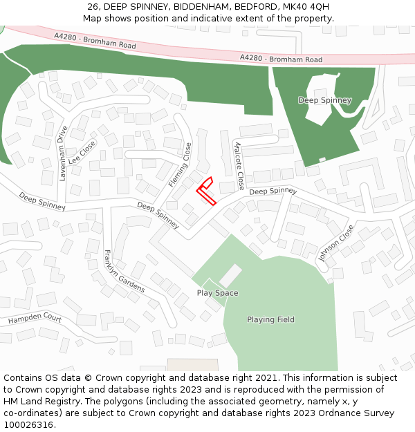26, DEEP SPINNEY, BIDDENHAM, BEDFORD, MK40 4QH: Location map and indicative extent of plot