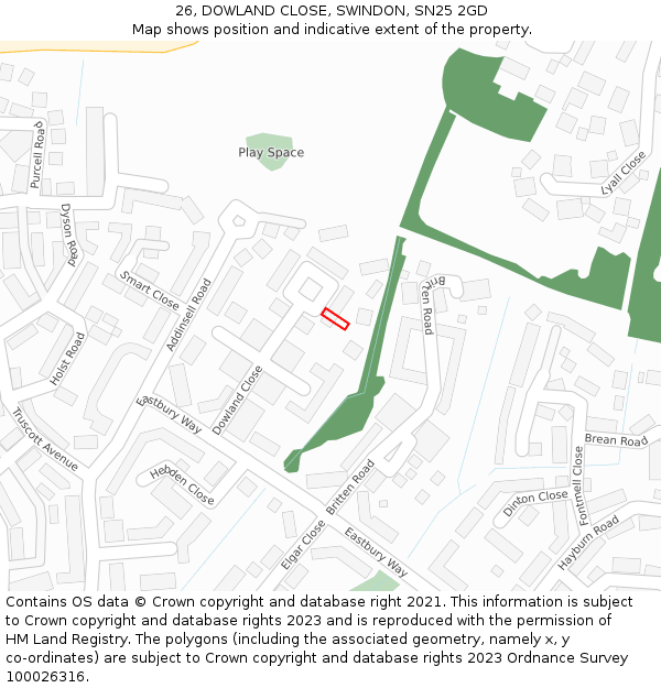 26, DOWLAND CLOSE, SWINDON, SN25 2GD: Location map and indicative extent of plot