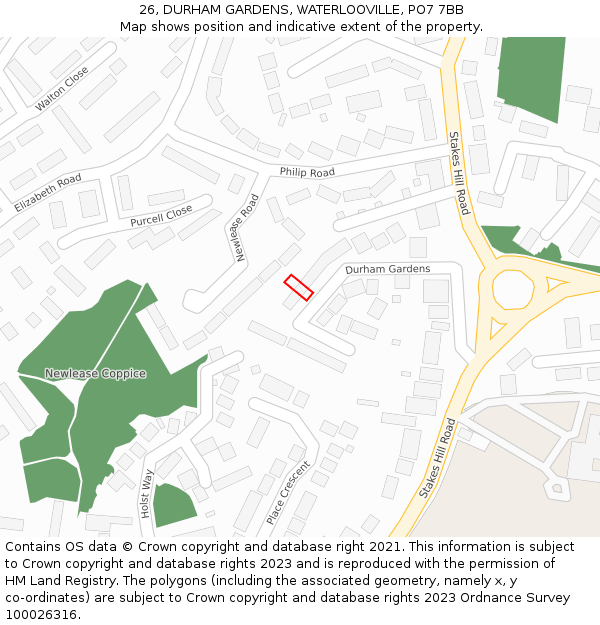 26, DURHAM GARDENS, WATERLOOVILLE, PO7 7BB: Location map and indicative extent of plot