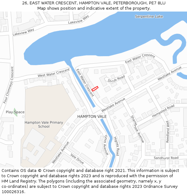 26, EAST WATER CRESCENT, HAMPTON VALE, PETERBOROUGH, PE7 8LU: Location map and indicative extent of plot