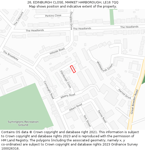 26, EDINBURGH CLOSE, MARKET HARBOROUGH, LE16 7QQ: Location map and indicative extent of plot