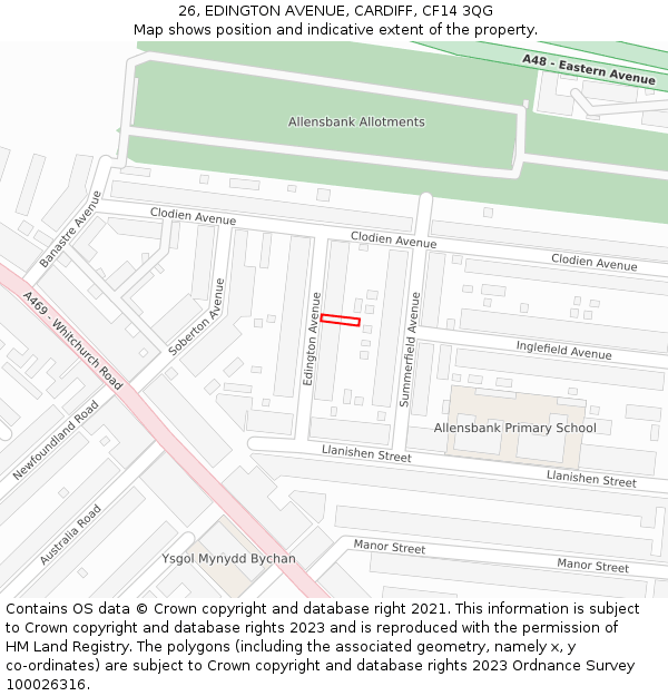 26, EDINGTON AVENUE, CARDIFF, CF14 3QG: Location map and indicative extent of plot