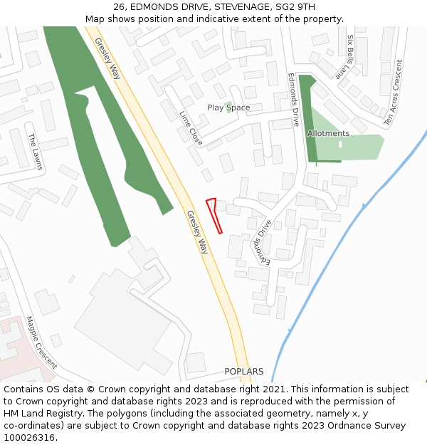 26, EDMONDS DRIVE, STEVENAGE, SG2 9TH: Location map and indicative extent of plot