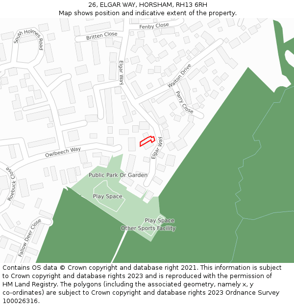 26, ELGAR WAY, HORSHAM, RH13 6RH: Location map and indicative extent of plot
