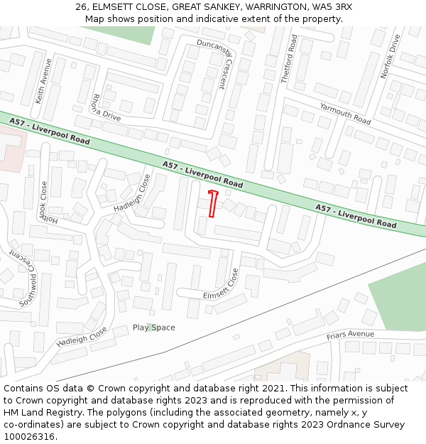 26, ELMSETT CLOSE, GREAT SANKEY, WARRINGTON, WA5 3RX: Location map and indicative extent of plot