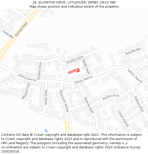 26, ELVASTON DRIVE, LITTLEOVER, DERBY, DE23 3WF: Location map and indicative extent of plot
