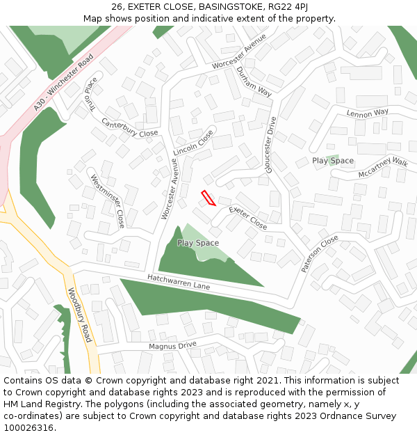 26, EXETER CLOSE, BASINGSTOKE, RG22 4PJ: Location map and indicative extent of plot