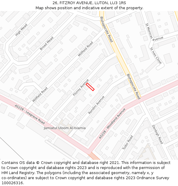 26, FITZROY AVENUE, LUTON, LU3 1RS: Location map and indicative extent of plot