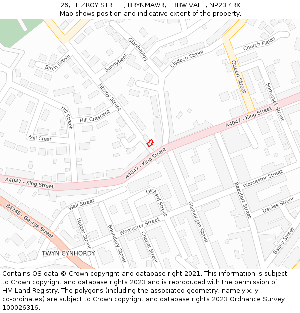 26, FITZROY STREET, BRYNMAWR, EBBW VALE, NP23 4RX: Location map and indicative extent of plot