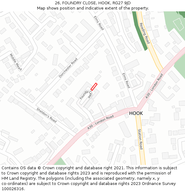 26, FOUNDRY CLOSE, HOOK, RG27 9JD: Location map and indicative extent of plot