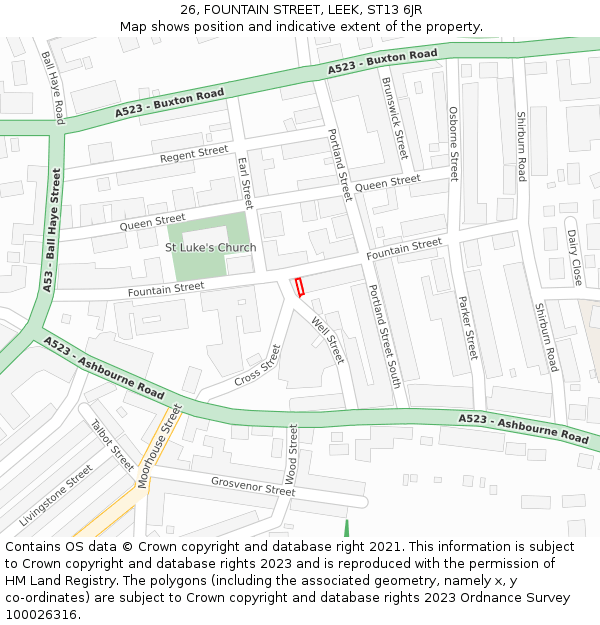 26, FOUNTAIN STREET, LEEK, ST13 6JR: Location map and indicative extent of plot