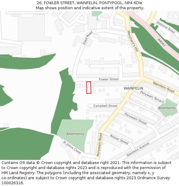 26, FOWLER STREET, WAINFELIN, PONTYPOOL, NP4 6DW: Location map and indicative extent of plot
