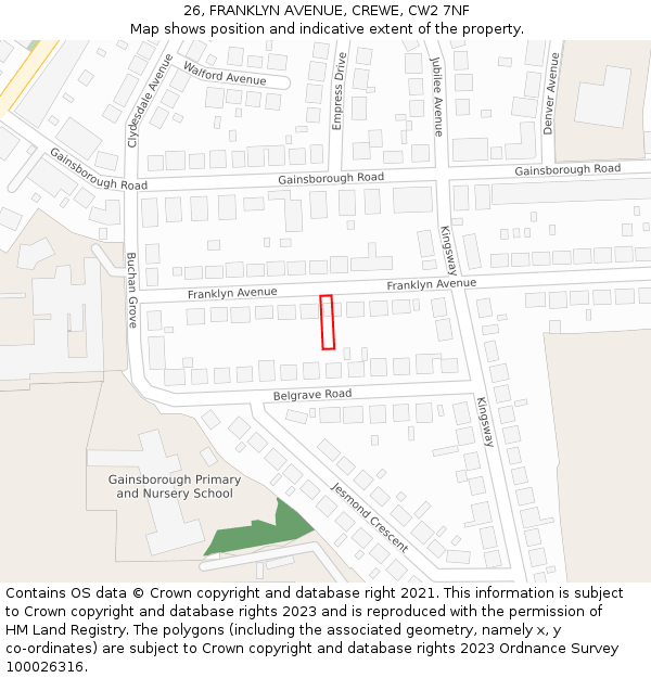26, FRANKLYN AVENUE, CREWE, CW2 7NF: Location map and indicative extent of plot