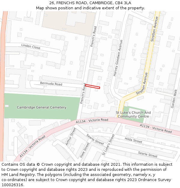 26, FRENCHS ROAD, CAMBRIDGE, CB4 3LA: Location map and indicative extent of plot