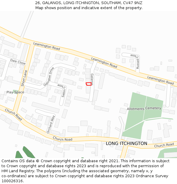 26, GALANOS, LONG ITCHINGTON, SOUTHAM, CV47 9NZ: Location map and indicative extent of plot