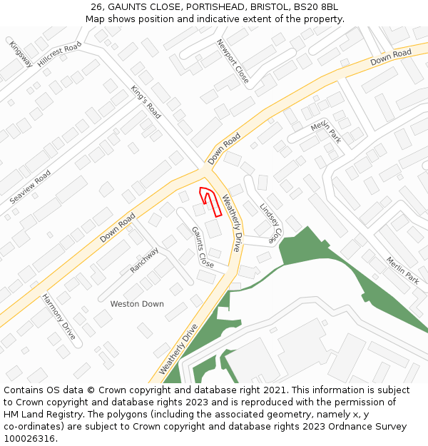 26, GAUNTS CLOSE, PORTISHEAD, BRISTOL, BS20 8BL: Location map and indicative extent of plot