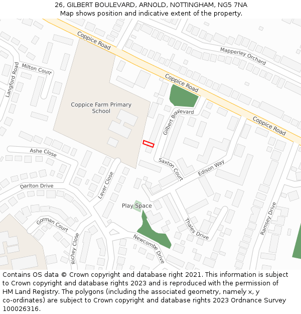 26, GILBERT BOULEVARD, ARNOLD, NOTTINGHAM, NG5 7NA: Location map and indicative extent of plot