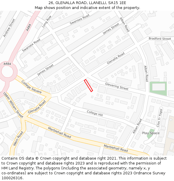 26, GLENALLA ROAD, LLANELLI, SA15 1EE: Location map and indicative extent of plot