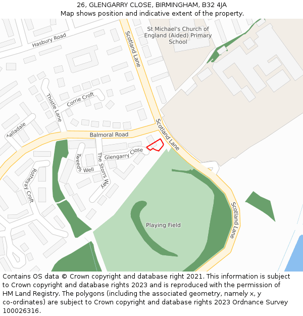 26, GLENGARRY CLOSE, BIRMINGHAM, B32 4JA: Location map and indicative extent of plot