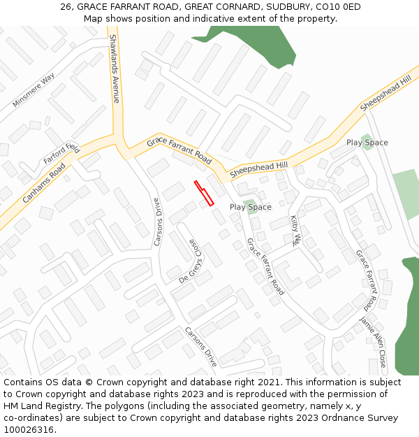 26, GRACE FARRANT ROAD, GREAT CORNARD, SUDBURY, CO10 0ED: Location map and indicative extent of plot