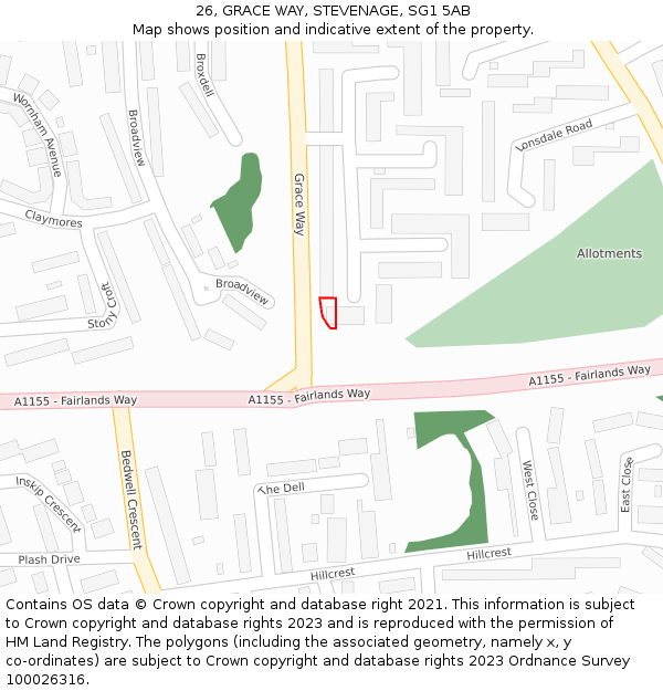 26, GRACE WAY, STEVENAGE, SG1 5AB: Location map and indicative extent of plot