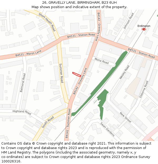 26, GRAVELLY LANE, BIRMINGHAM, B23 6UH: Location map and indicative extent of plot