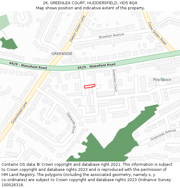 26, GREENLEA COURT, HUDDERSFIELD, HD5 8QA: Location map and indicative extent of plot