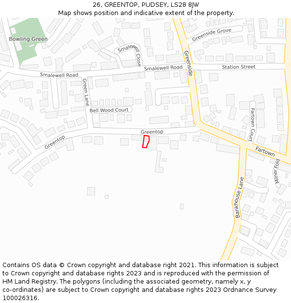 26, GREENTOP, PUDSEY, LS28 8JW: Location map and indicative extent of plot