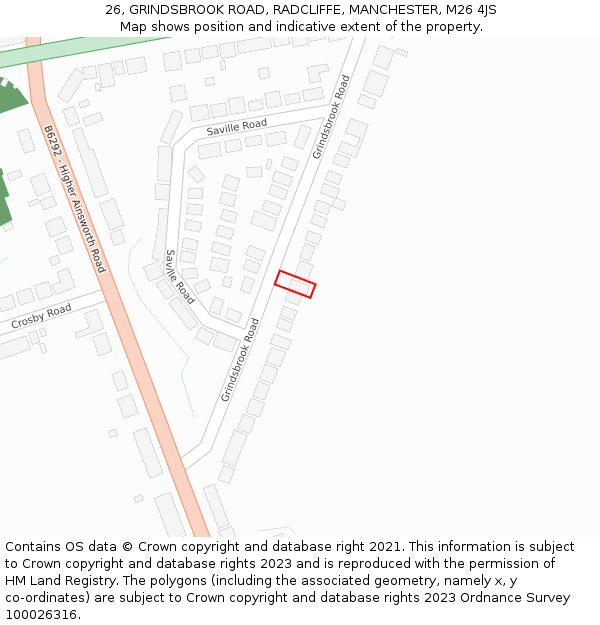 26, GRINDSBROOK ROAD, RADCLIFFE, MANCHESTER, M26 4JS: Location map and indicative extent of plot