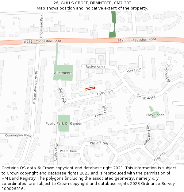 26, GULLS CROFT, BRAINTREE, CM7 3RT: Location map and indicative extent of plot