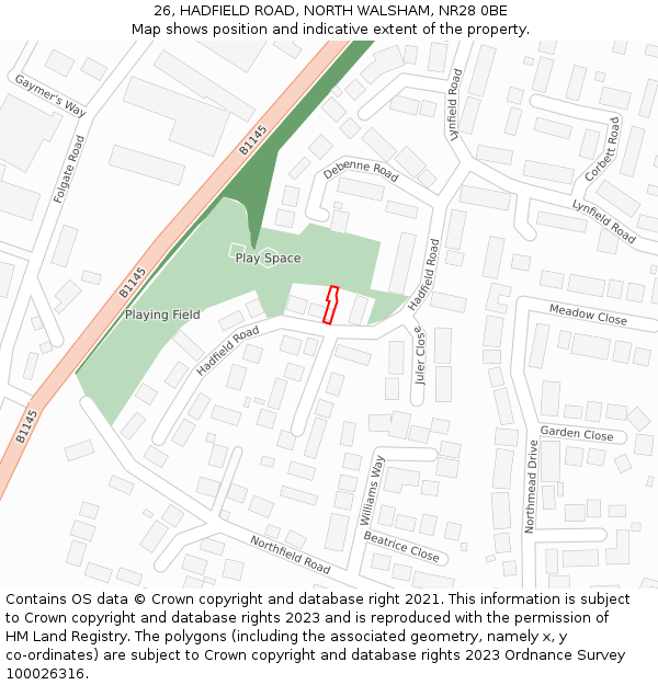 26, HADFIELD ROAD, NORTH WALSHAM, NR28 0BE: Location map and indicative extent of plot