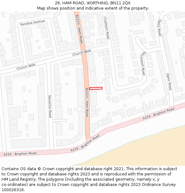 26, HAM ROAD, WORTHING, BN11 2QX: Location map and indicative extent of plot
