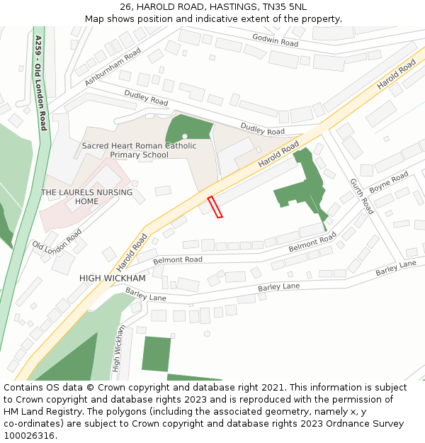 26, HAROLD ROAD, HASTINGS, TN35 5NL: Location map and indicative extent of plot