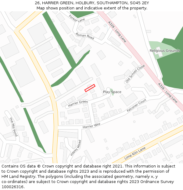 26, HARRIER GREEN, HOLBURY, SOUTHAMPTON, SO45 2EY: Location map and indicative extent of plot